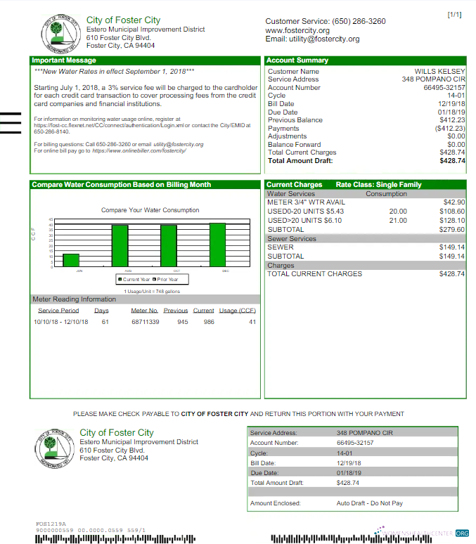 download download USA CITY OF FOSTER CITY utility bill Word and PDF template PDF template PDF template
